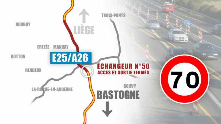 E25: échangeur n°50 (La-Roche-Baraque) fermé vers Bastogne 