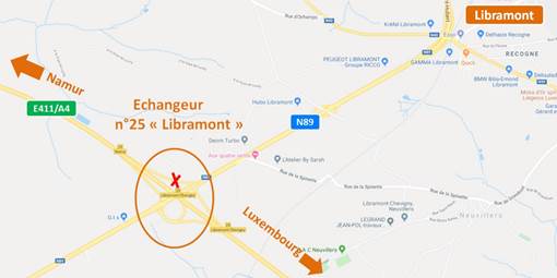 E411 Libramont-Namur. Fermeture de la sortie 25 du 31/10 au 04/11