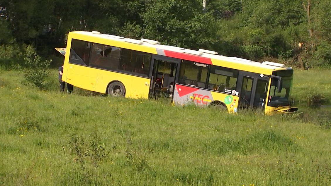 Sainte-Ode : un bus termine sa route au bord d'un étang